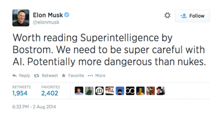 Een tweet van Elon Musk inzake het boek Superintelligence van Nick Bostrom