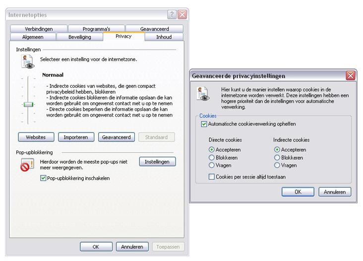 voorbeeld van privacy instellingen en beheer hiervan in Internet Explorer