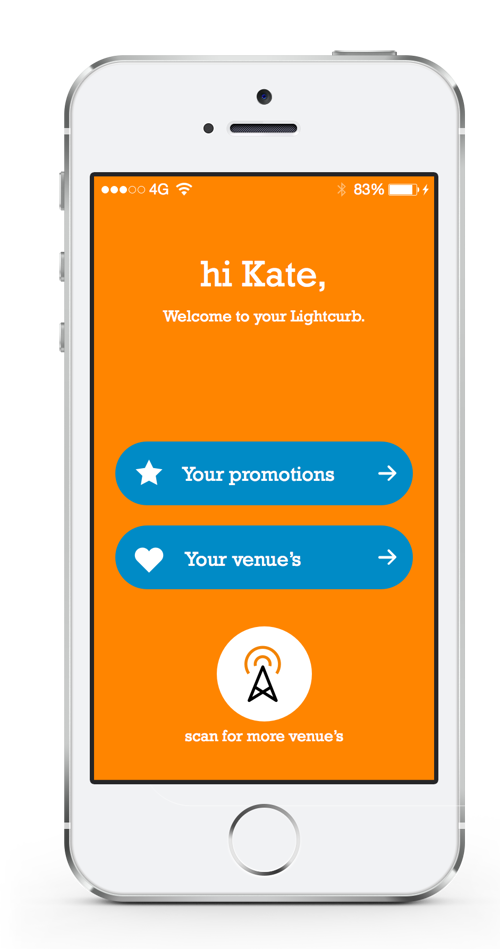 Startscherm van Lightcurb app waar boodschappen getoond worden op basis van iBeacons