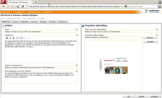 Met artikelbeheer van Snakeware CMS Enterprise plaats je eenvoudig titel, teaser en meta gegevens  