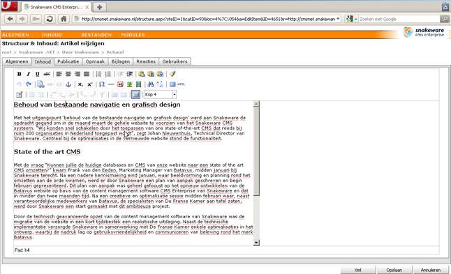 Binnen het artikelbeheer van Snakeware CMS Enterprise is een gebruiksvriendelijke WYSIWYG editor beshikbaar