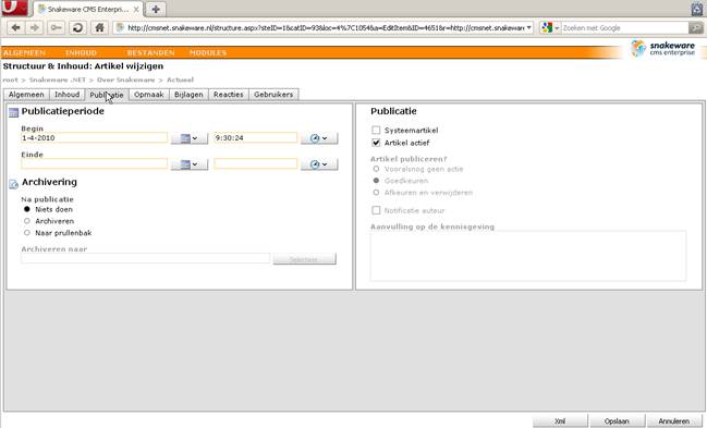 Publicatieperiode en workflow binnen het artikelbeheer van Snakeware CMS Enterprise