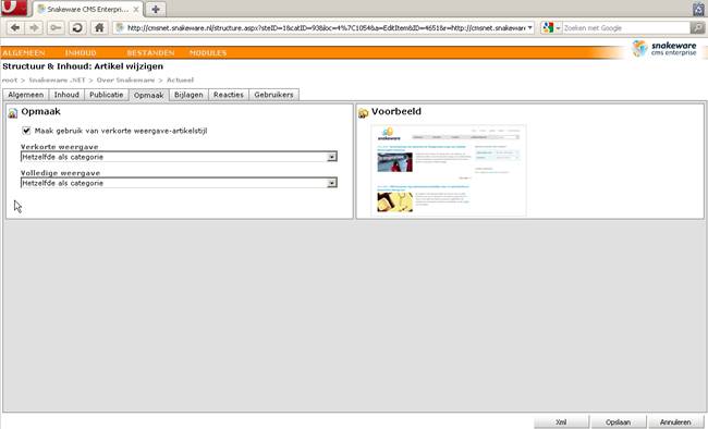 Weergave instellingen binnen het artikelbeheer van Snakeware CMS Enterprise