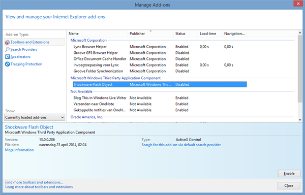 Manage add ons scherm in Internet Explorer waar je het Shockwave Flash object uit kunt zetten om weer veilig gebruik te kunnen maken van internet