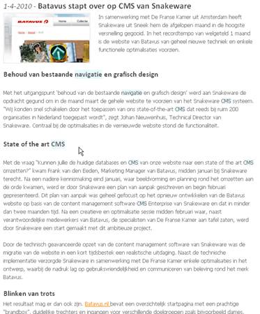 Volledige weergave van een artikel dat gemaakt is met Snakeware CMS Enterprise